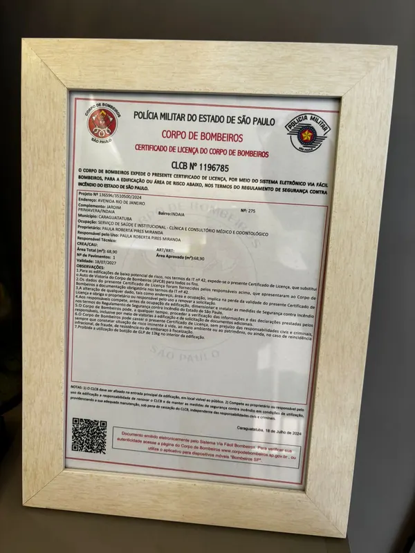 Certificado de Licença do Corpo de Bombeiros CLCB nº 1196785 emoldurado